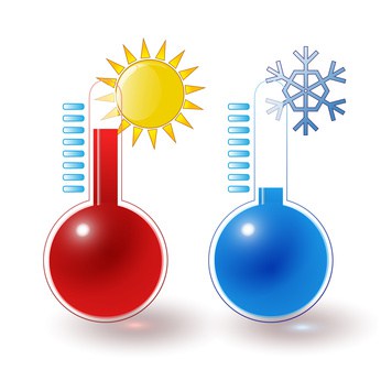 Cartoon illustration of a red and a blue beaker representing hot and cold with the sun over the red one and snowflake over the blue. | MakeSauerkraut.com