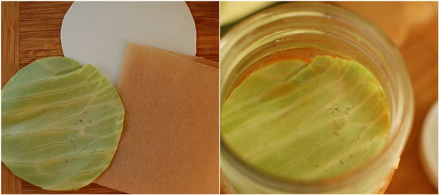 Left picture has a circle cabbage leaf, parchment paper, and white piece of cloth as floaties traps and right picture is an opened jar with cabbage leaf torn to size inside as floaties trap. | MakeSauerkraut.com