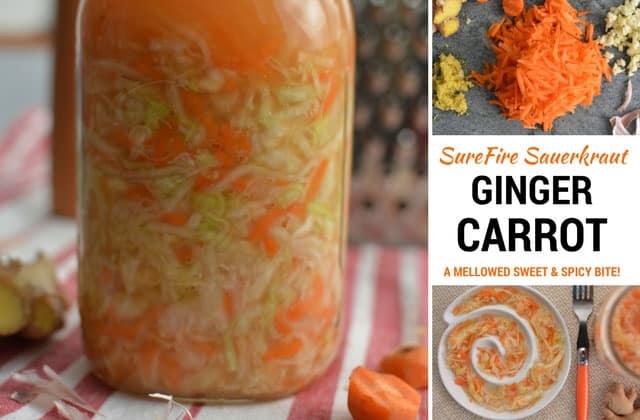 Left image showing a jar of filled ginger carrot sauerkraut, top right image showing grated carrots and other ingredients, middle image showing "SureFrire Sauerkraut Ginger Carrot A Mellowed Sweet & Spicy bite!", and bottom right image showing carrot and ginger sauerkraut in swirl shaped design. | MakeSauerkraut.com