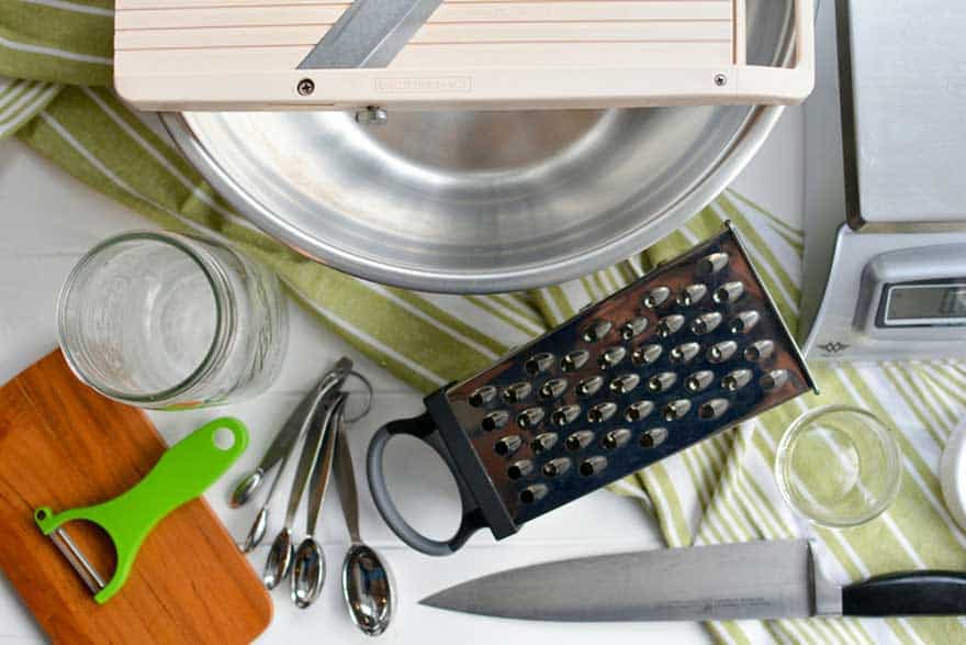 Sauerkraut making equipment: bowl, knife, scale, jars and grater. | makesauerkraut.com