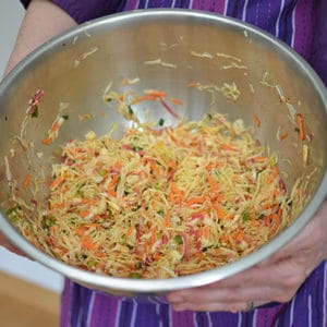 Kimchi Style Sauerkraut Recipe - Sauerkraut mixture brined and ready to be packed into a jar. | makesauerkraut.com