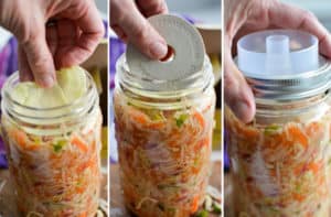Kimchi Style Sauerkraut Recipe - Add a floaties trap, weight and lid. | makesauerkraut.com