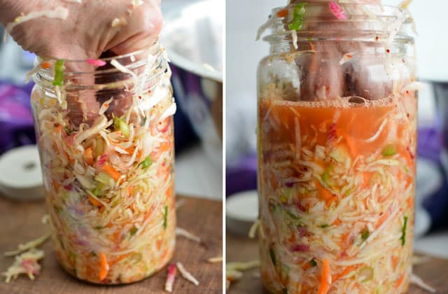 Kimchi Style Sauerkraut Recipe - Pack your sauerkraut mixture into a quart jar. | makesauerkraut.com