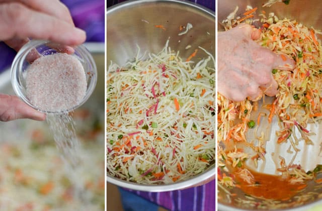 Kimchi Style Sauerkraut Recipe - Sprinkle prepared vegetables & cabbage with salt and mix well to form your brine. | makesauerkraut.com