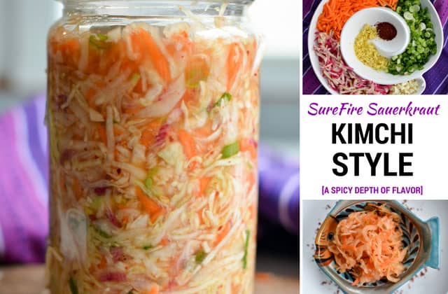 Left image showing a filled jar with Kimchi Style Sauerkraut, top right image showing sliced ingredients in a swirl designed plate, middle image showing "SureFire Sauerkraut Kimchi Style (A Spicy Depth of Flavor)", bottom right image showing a small bowl with Kimchi Style Sauerkraut. | MakeSauerkraut.com