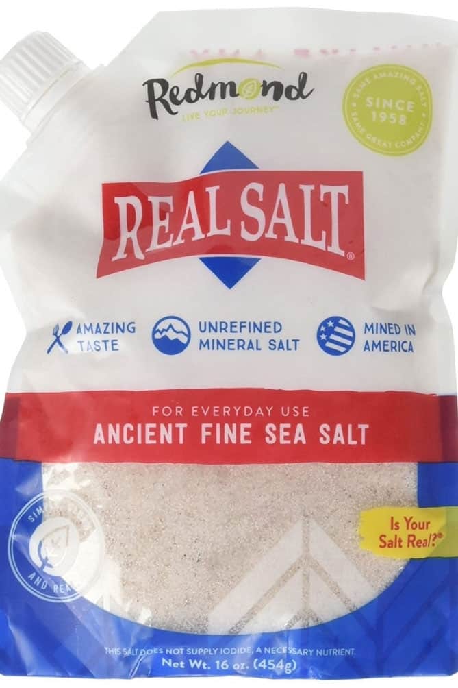 A white bag of Redmond Real Salt. | MakeSauerkraut.com