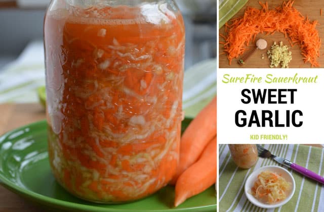 Left image showing a filled jar with Sweet Garlic Sauerkraut, top right image showing sliced carrots and grated ginger, middle image showing "SureFire Sauerkraut Sweet Garlic Kid Friendly!", bottom right image showing a small bowl with Sweet Garlic Sauerkraut. | MakeSauerkraut.com