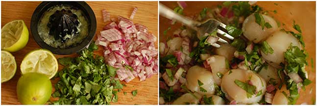 Two images side-by-side, left showing a used citrus juicer, empty halves of lime, chopped onions and cilantro, right image showing mixed ingredients. | MakeSauerkraut.com