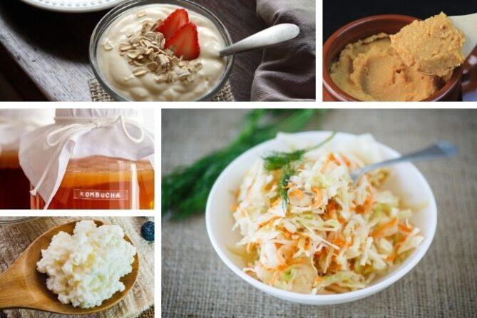 a collage of fermented foods like sauerkraut, kefir, kombucha, yogurt, and miso