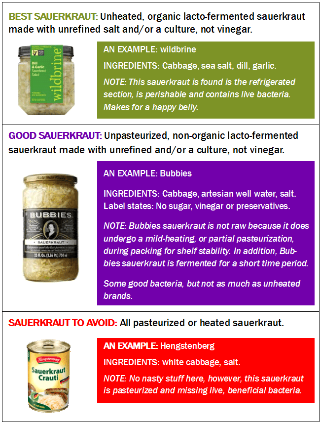 Two jars and a can of commercial sauerkraut and their ingredients and some notes on its benefits. | MakeSauerkraut.com