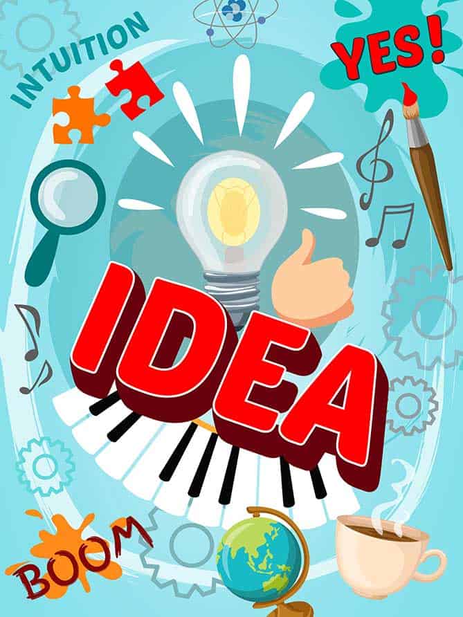 Cartoon illustration with a light bulb, "IDEA" in bold red, music notes, piano, machine cogs, paintbrush, and a thumbs up over blue background. | MakeSauerkraut.com