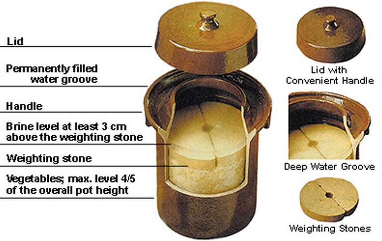 Brown water-sealed fermentation crock broken down to show the inside parts and the outside like the weighing stones, deep water groove, and lid with convenient handle. | MakeSauerkraut.com