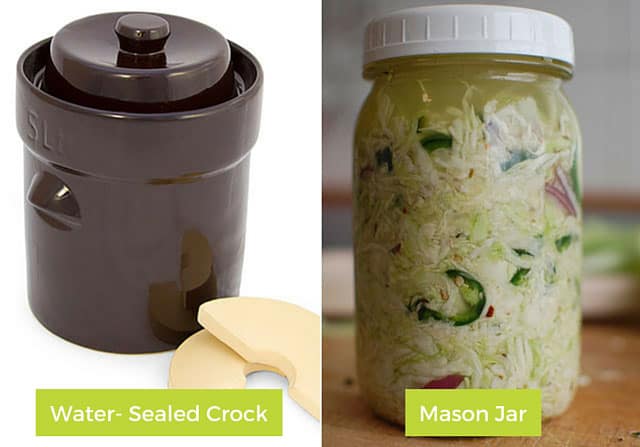 Two images with the left image showing a brown Water-sealed crock and the right  showing mason jar with white lid filled with sauerkraut for fermenting. | MakeSauerkraut.com