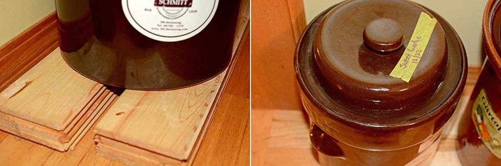 Two images side-by-side, left image shows bottom of crock on top of wooden slabs, right image shows covered crock with moat of water. | MakeSauerkraut.com