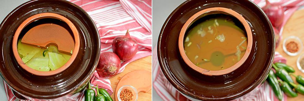 Two images side-by-side of top view of sauerkraut in a crock, left image shows only one fermentation weight inside, right images whos both fermentation weights and brine covering them. | MakeSauerkraut.com