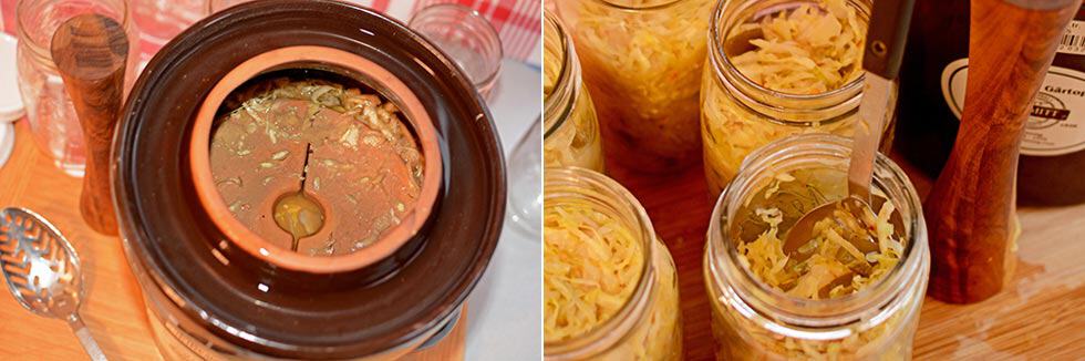 Two images side-by-side, left image showing opened crock with fermented sauerkraut, right image shows sauerkraut being packed into glass jars. | MakeSauerkraut.com