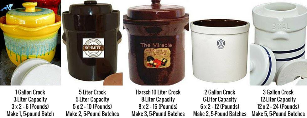 Five different brands and designs of fermentation crock. | MakeSauerkraut.com
