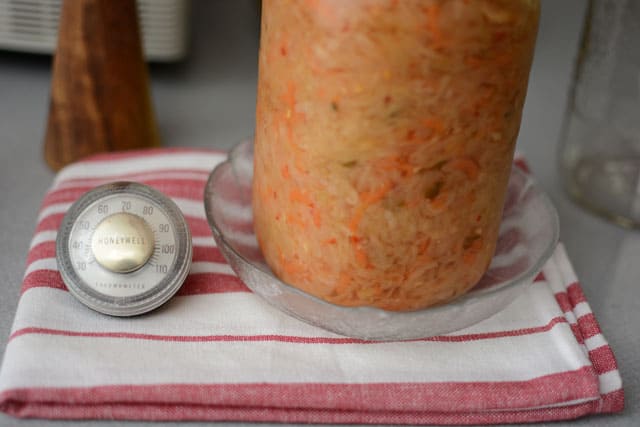 A small travel thermometer beside a jar of sauerkraut in a bowl over a folded piece of red and white striped cloth.  | MakeSauerkraut.com