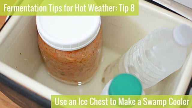 Top view of jar of sauerkraut inside an ice chest with two small juice-sized bottle of ice with some water on the cooler's floor. | MakeSauerkraut.com