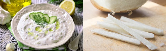 Two images side by side, left image showing a dish with cream with yogurt or scour cream and right image showing jicama sticks. | MakeSauerkraut.com