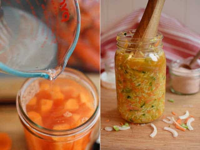 Two images in a row, left image shows a measuring cup pouring brine over jar of fermented carrots, right image shows a jar of sauerkraut and a wooden tamper. | MakeSauerkraut.com
