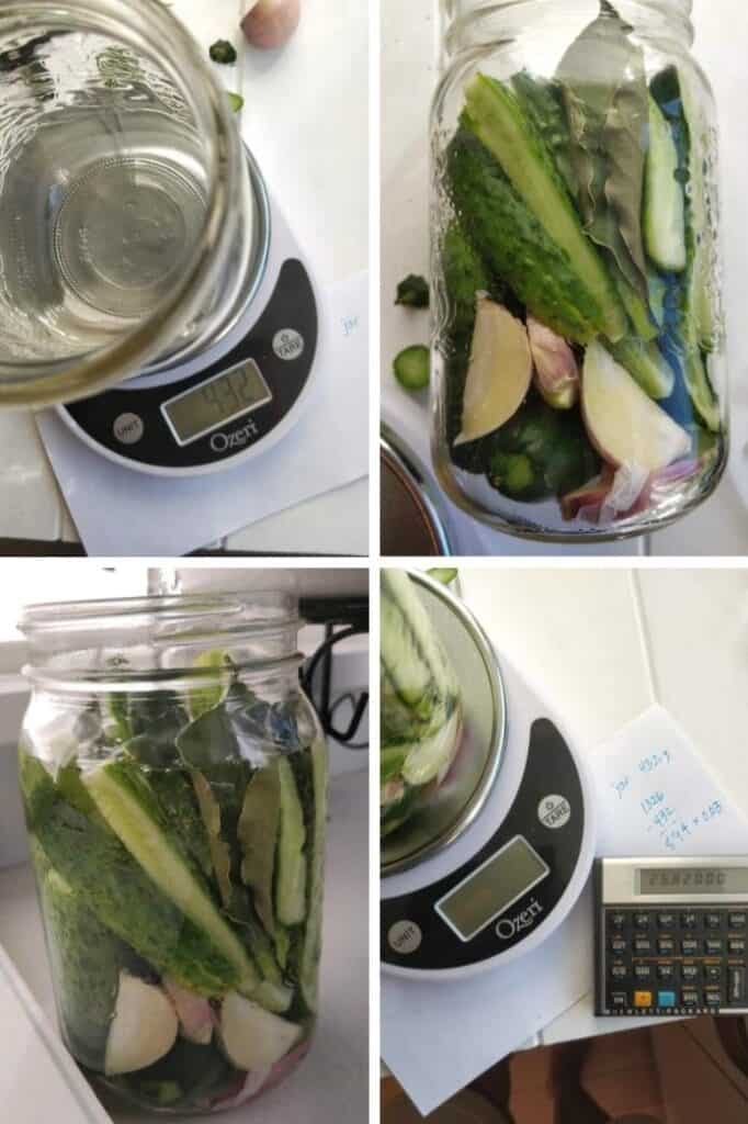 Four photos: jar on scale, jar packed with cucumbers, jar being filled with water, weight of filled jar. | MakeSauerkraut.com