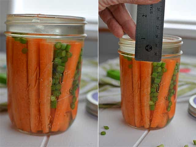 Two images side-by-side with front view of a jar of fermented carrots with the Pickle Pebble situated over the carrots, right image showing fingers measuring the height of the Pickle Pebble with metal ruler. | MakeSauerkraut.com