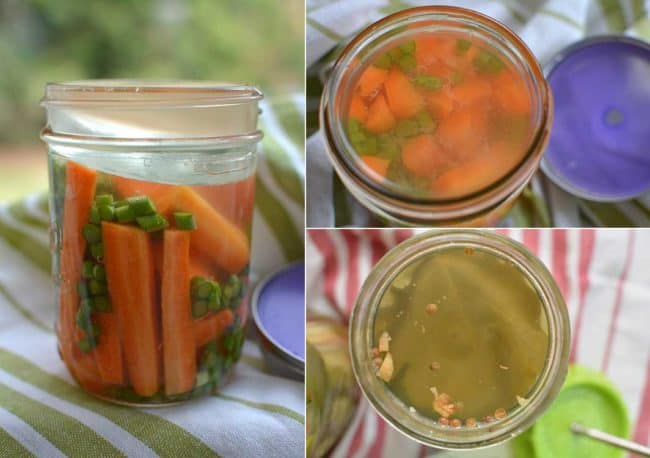 Three image collage, left showing front view of a jar of fermented carrots with the Pickle Pebble tilting to the side. Top right image showing top view of the fermented carrots with the Pickle Pebble in place, bottom right showing the top view of the jar with some seasonings floating over the Pickle Pebble. | MakeSauerkraut.com