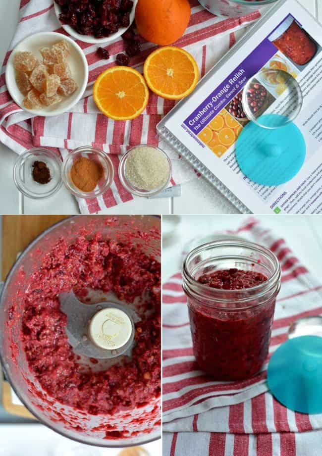 Three image collage, top image showing ingredients for Cranberry orange relish, bottom right image showing chopped cranberry in a food processor, bottom right image showing packed relish in a pint jar. | MakeSauerkraut.com