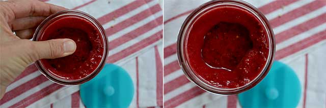 Two image side-by-side, left image showing fingers pushing the Pickle Pebble into the mixture of Cranberry Orange relish, right image showing the mixture rising above the Pickle Pebble. | MakeSauerkraut.com