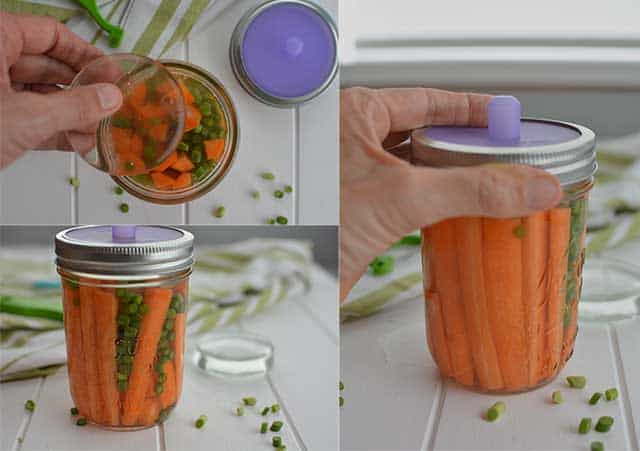 Three image collage, top left showing fingers about to insert Pickle Pebble into the jar of fermented carrots, bottom left showing the Pickle Pipe secured with metal band over the jar. right image showing fingers securing the mental band over the jar. | MakeSauerkraut.com