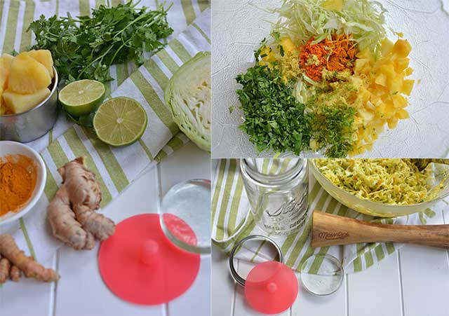 Three image collage of different ingredients, left image shows half slices of lime, half a cabbage, ginger, glass Pickle Pebble, bowl of seasoning, and a bundle of herbs, top right image showing chopped and diced ingredients, bottom right showing a bow with mixed ingredients empty jar, Pickle Pipe and a wooden stirrer. | MakeSauerkraut.com