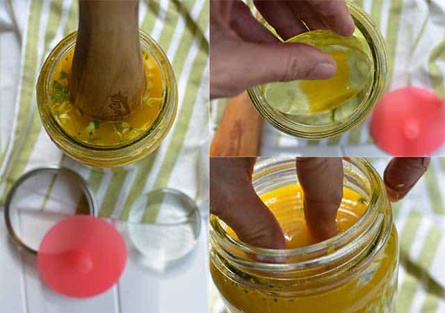 Three image collage, left image showing the wooden stirrer pushing mixture in the jar, parts of the Pickle Pipe to the side, top right image showing hands inserting glass Pickle Pebble in the jar, bottom right showing fingers pushing the Pickle Pebble into the jar. | MakeSauerkraut.com