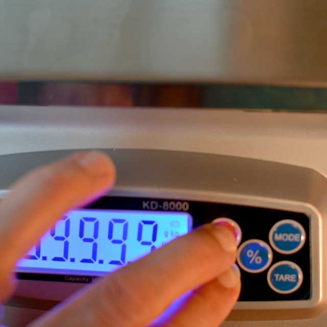 Fingers reaching to press buttons on the MyWeigh KD-8000 digital scale and the screen turning on. | MakeSauerkraut.com