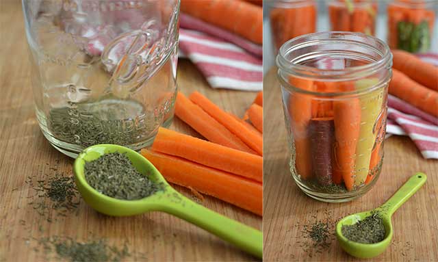 Left image with spoon of dried dill and jar with dried dill inside and carrot sticks, right image of an opened jar with carrot sticks and dried dill and a green spoon with dried dill in front. | MakeSauerkraut.com
