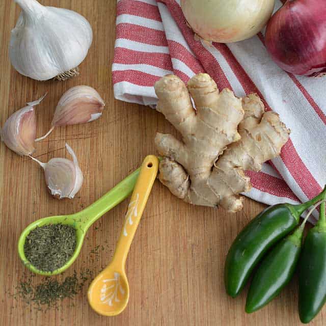 Garlic, ginger, onions, jalapenos and various spices in two spoons over striped red and white cloth. | MakeSauerkraut.com