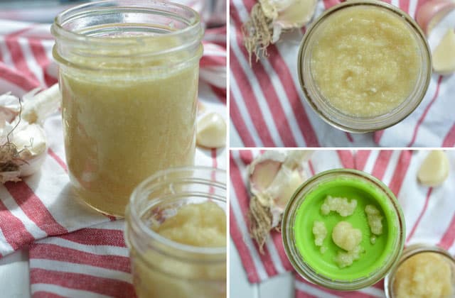 Three image collage of garlic paste ready for fermentation, left image showing a opened jar of garlic paste, top right showing top view of garlic paste in a jar, bottom right showing the Pickle Pusher inserted in the jar. | MakeSauerkraut.com