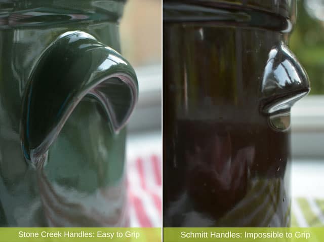 Left image showing the close-up of the handles for Stone Creak crock and the right showing the close up of the handles for Schmitt crock. | MakeSauerkraut.com