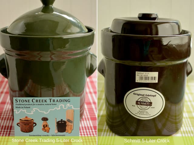 Two images side-by-side of Stone Creek Trading water-sealed crocks. | MakeSauerkraut.com