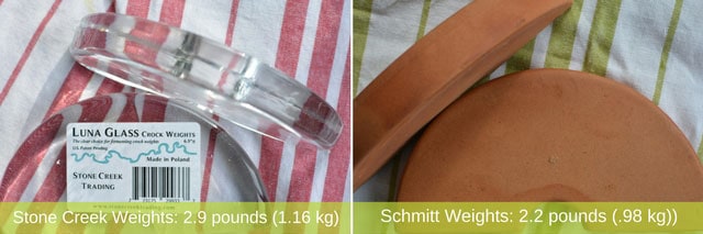 Left image showing the close-up of the glass fermentation weights for Stone Creak crock and the right showing the close up of the brown fermentation weights for Schmitt crock. | MakeSauerkraut.com