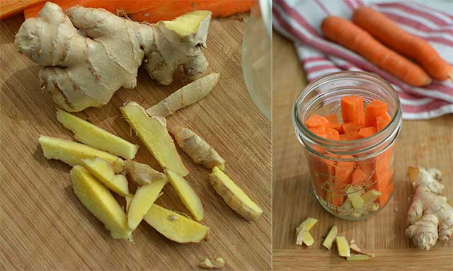 Left image with whole ginger and ginger slices, and right image of an opened jar with carrot sticks and ginger slices. | MakeSauerkraut.com