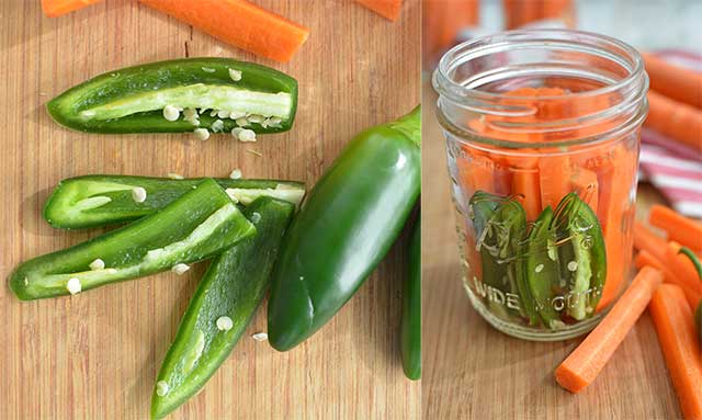 Left image of jalapeno slices with bits of seeds, right image with an opened jar with carrot sticks and jalapeno slices. | MakeSauerkraut.com