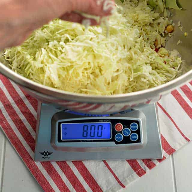 Hand adding thinly sliced cabbages inside metal bowl placed over a MyWeigh KD-8000 and red and white striped cloth. | MakeSauerkraut.com