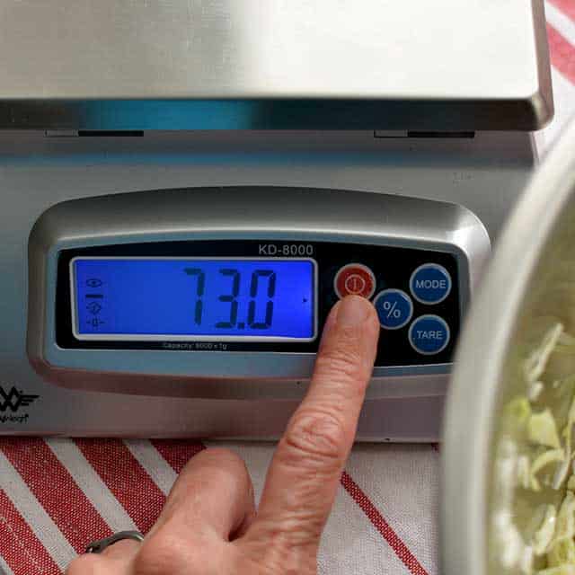 Fingers pressing "off/on" button on MyWeigh KD-8000 digital scale and the screen showing "73.0". | MakeSauerkraut.com