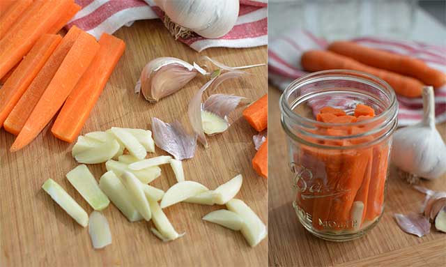 Left image showing sliced carrot sticks and garlic with some peels scattered around, right image showing an opened jar with carrots sticks and garlic inside. | MakeSauerkraut.com