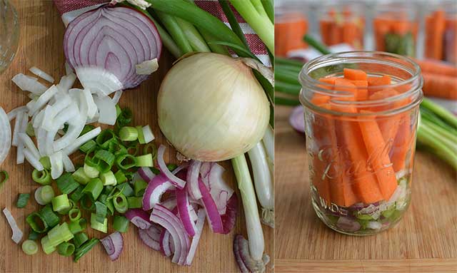 Left image showing chopped onion and spring onions and some fresh whole onions and spring onions at the side, right image of an opened jar of carrot sticks with chopped onions and spring onions. | MakeSauerkraut.com