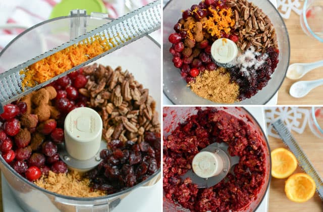 Three picture collage of cranberry-orange relish ingredients in food processor with lemon zest. | Makesauerkraut.com