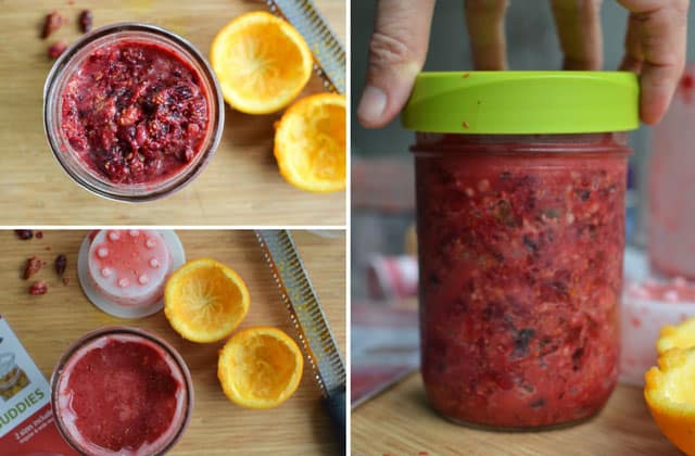 Three picture collage of glass jar with cranberry relish. Empty orange slices beside the jar and green lid on the right image. | Makesauerkraut.com