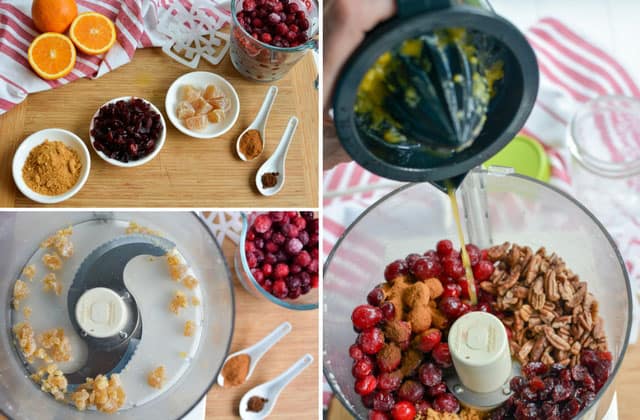 Three picture collage of ingredients for cranberry-orange relish in a food processor. Top-left image shows ingredients in three small white bowl, two white spoons with herbs, and glass container with cranberries. Bottom left image shows the top of view of a food processor with crumbs, two white spoons with herbs, and glass container of cranberries. Whole right image shows the food processor filled with ingredients and a citrus juicer pouring juice over it. | Makesauerkraut.com