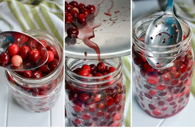 Three images in a collage of a glass jar filled with cranberries and a metal spoon placing more inside. | Makesauerkraut.com